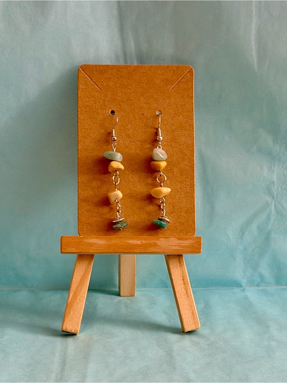 Hand-assembled Bead Drop Earrings in Yellow and Teal